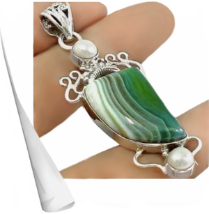 Natural Green Botswana Lace Agate, Pearl Gemstone Solid .925 Silver Pendant - BELLADONNA