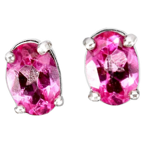 Natural Pink Topaz Oval Gemstone Solid .925 Sterling Silver 14K White Gold Stud Earrings - BELLADONNA