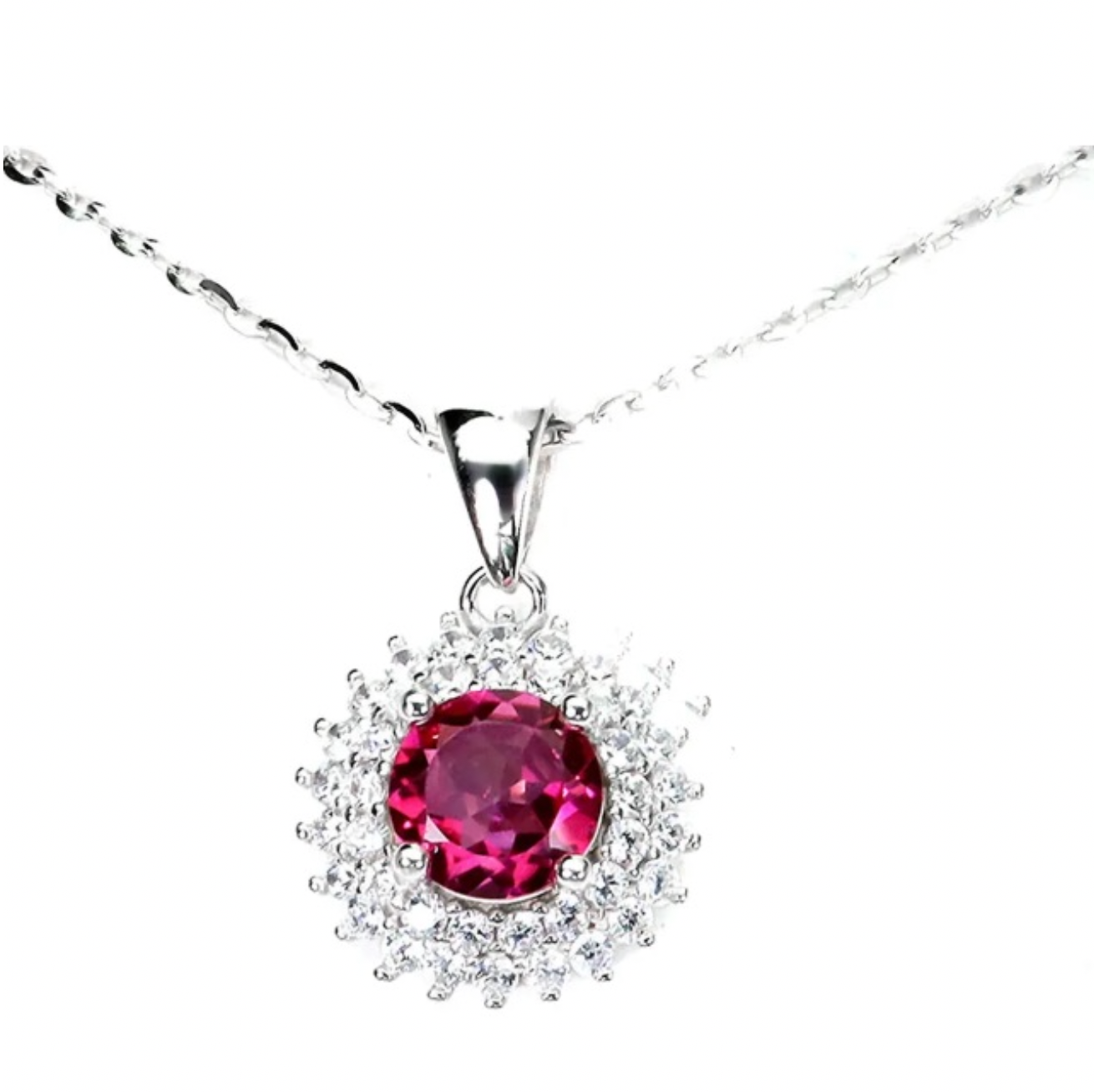 Natural Pink Topaz White Cubic Zirconia Solid .925 Sterling Silver 14K White Gold Necklace - BELLADONNA