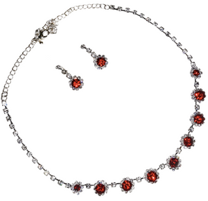 Red Rhinestone Crystals, Diamante Bridal, Evening Wear Necklace And Stud Earrings Set - BELLADONNA