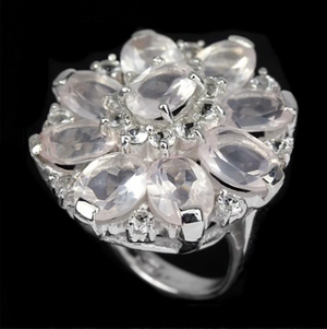 Natural Rose Quartz, Sparkly White Cubic Zirconia  Solid.925 Sterling Silver Ring Size 4.5 - BELLADONNA