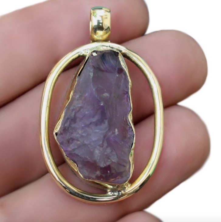 Natural Purple Amethyst Rough Gemstone Solid Brass Pendant - BELLADONNA