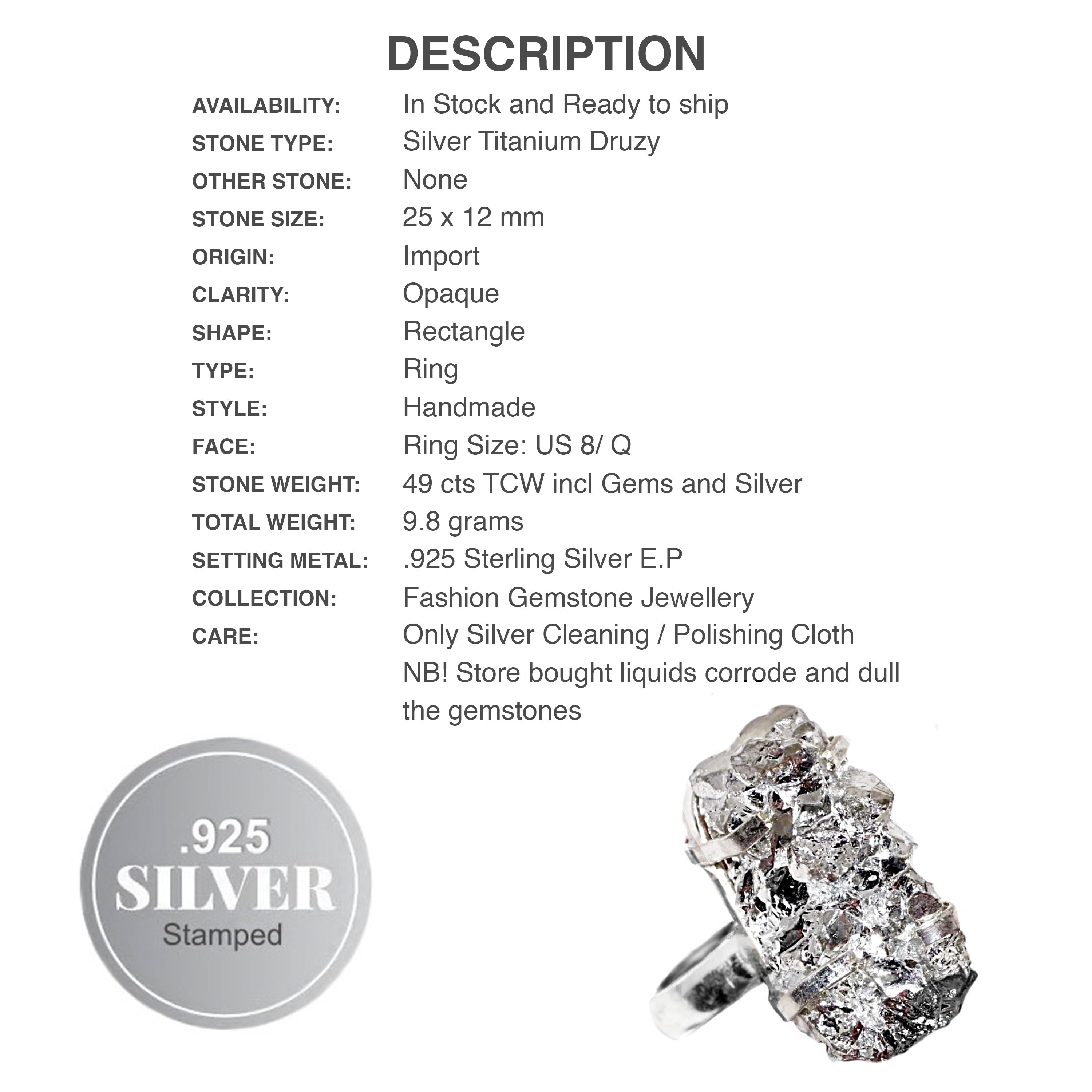Handmade Silver Druzy Gemstone .925 Sterling Silver Ring Size 8 / Q - BELLADONNA