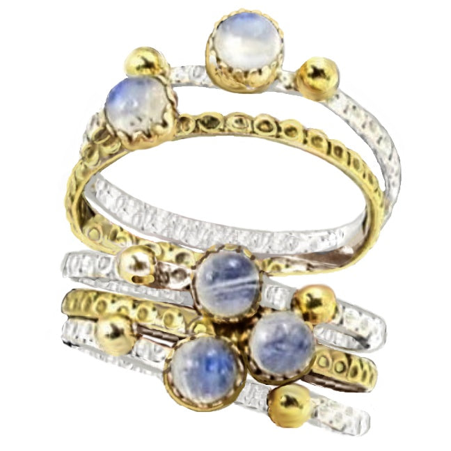 Natural Rainbow Moonstone Two Tone Stacking Ring Solid .925 Silver Size US 9 - BELLADONNA