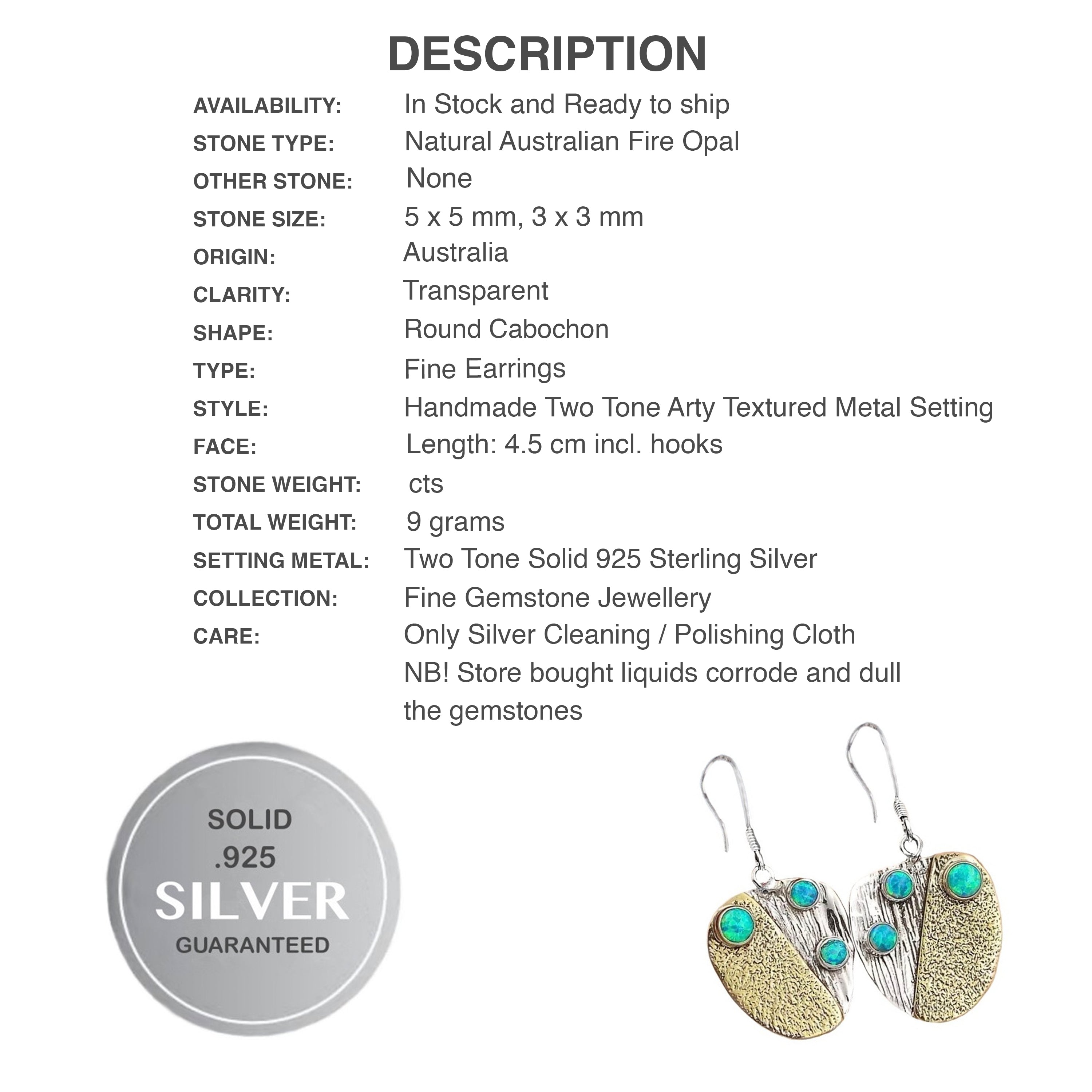 Two Tone Natural Australian Fire Opal Solid .925 Sterling Silver Earrings - BELLADONNA