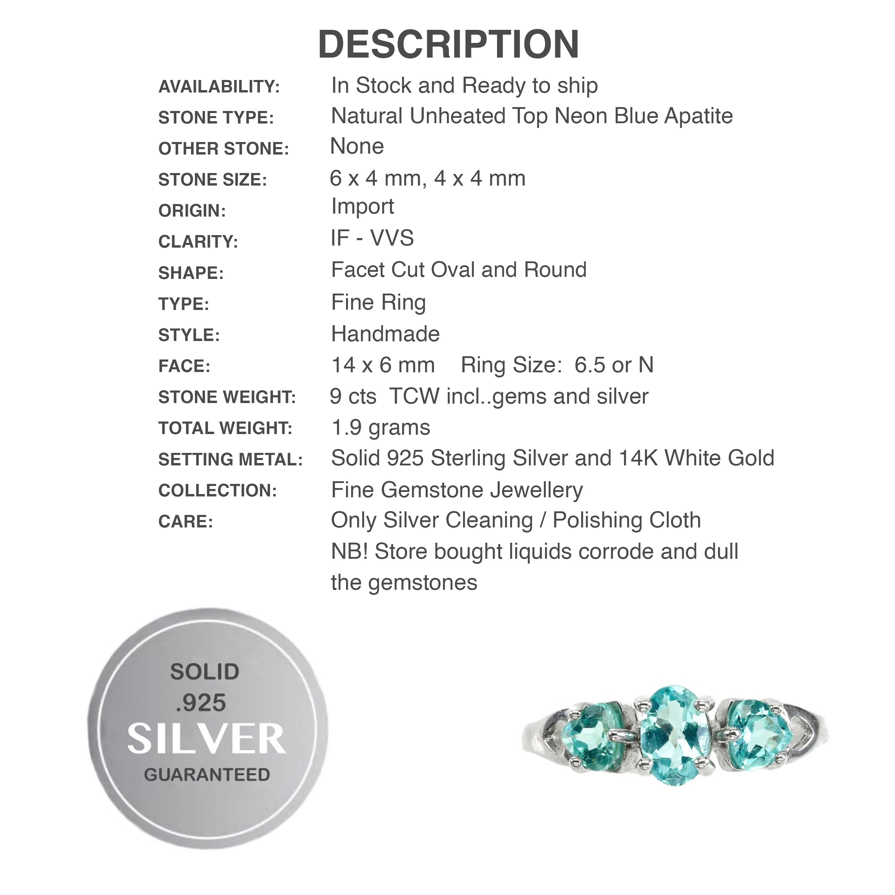 Natural Unheated Apatite Gemstone Solid .925 Silver 14K White Gold Ring Size 6.5 or N - BELLADONNA
