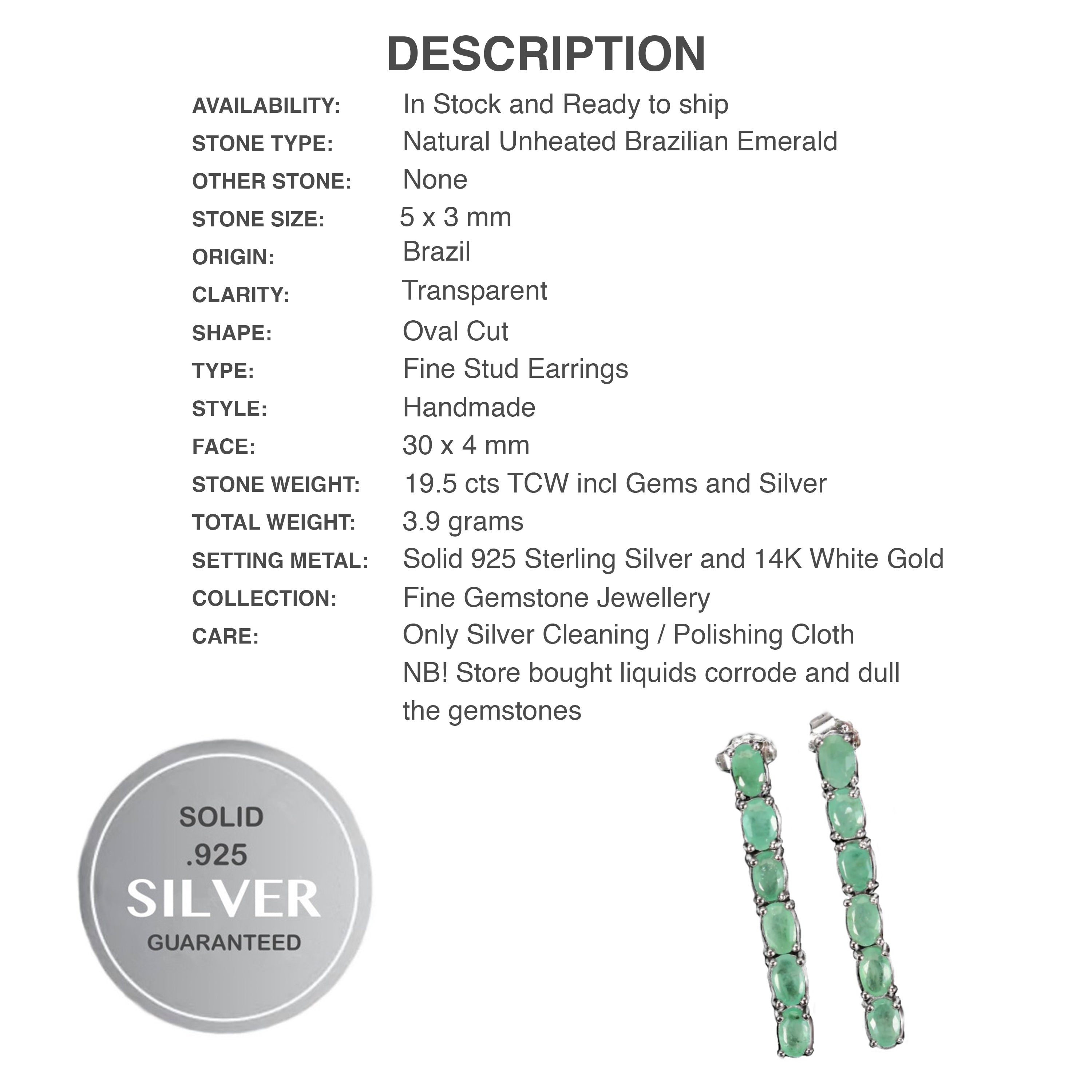 12 Natural Unheated Brazilian Emerald Solid .925 Sterling Silver 14k White Gold Earrings - BELLADONNA