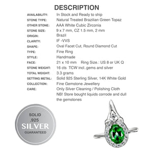 Exotic Natural Brazilian Green Topaz White CZ Solid .925 Sterling Silver 14k White Gold Ring Size 8 - BELLADONNA