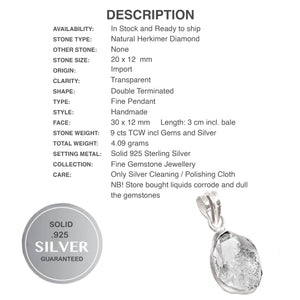 Natural Herkimer Diamond Gemstone Solid .925 Sterling Silver Pendant - BELLADONNA