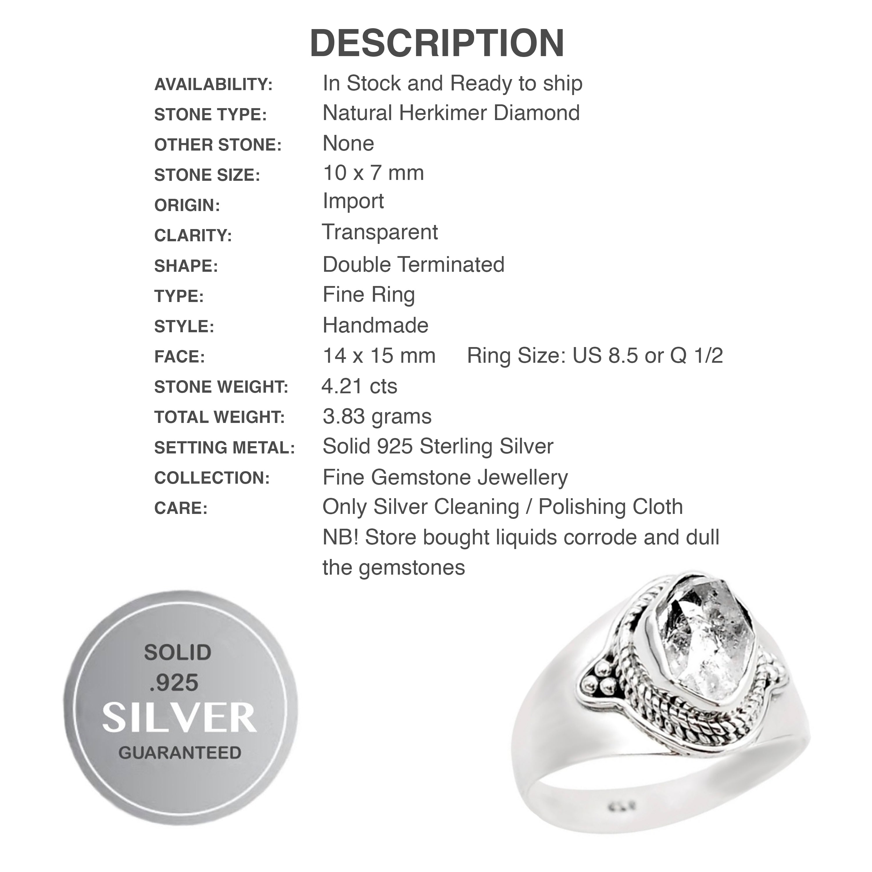 Natural Herkimer Diamond Solid Sterling Silver Ring Size US 8.5 - BELLADONNA