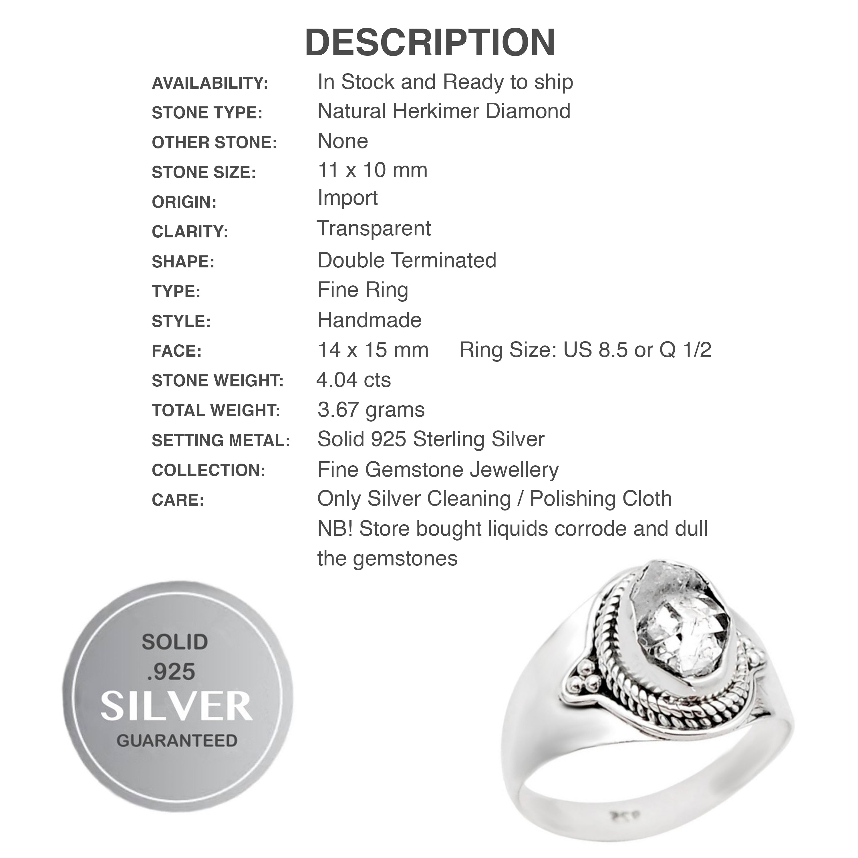 Natural Herkimer Diamond Solid Sterling Silver Ring Size US 8.5 - BELLADONNA