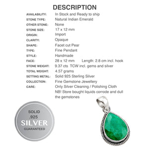 Dainty Natural Indian Emerald Pear Shape Gemstone Solid 925 Sterling Silver Pendant - BELLADONNA