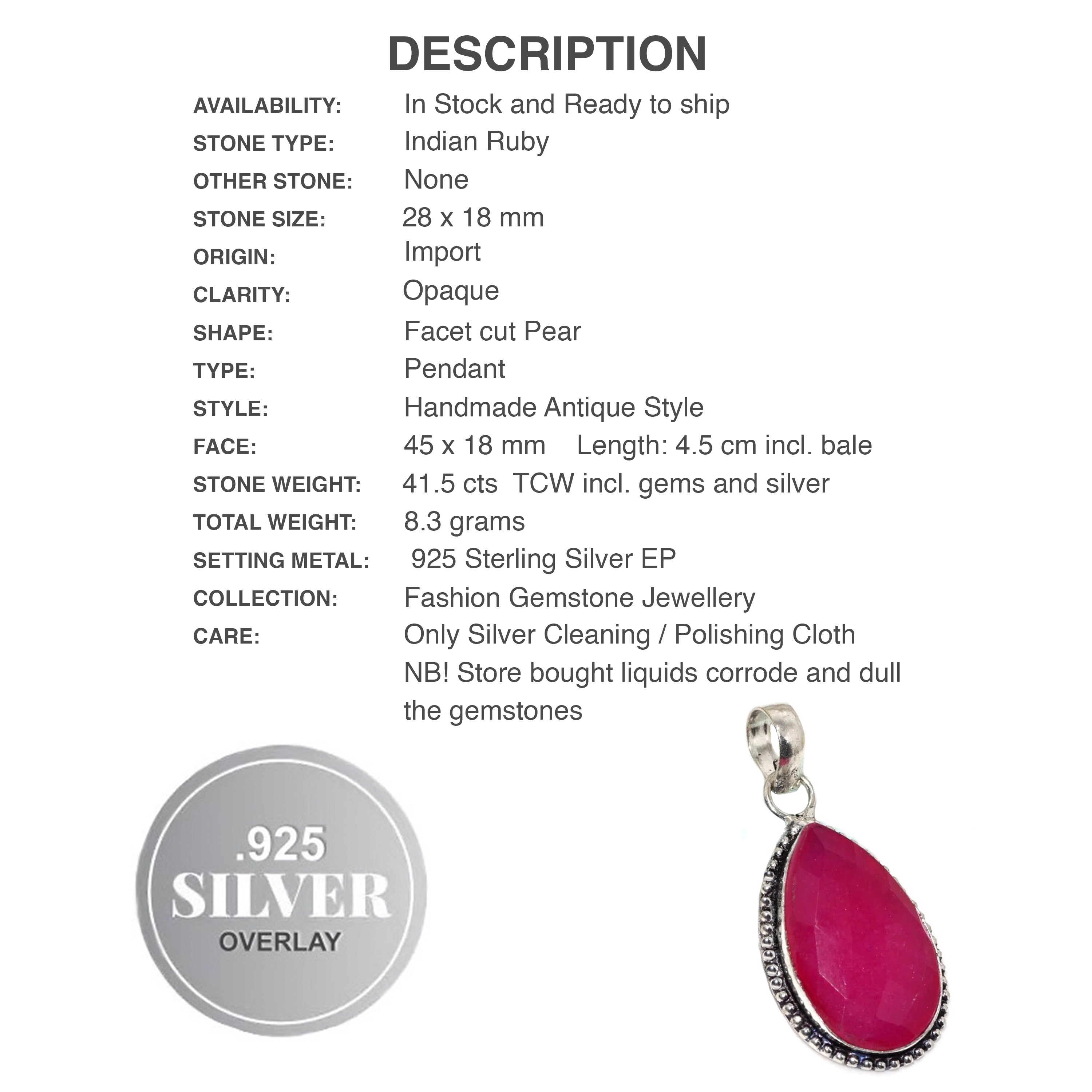 Handmade Indian Ruby Pear Gemstone .925 Sterling Silver Antique Setting Pendant - BELLADONNA
