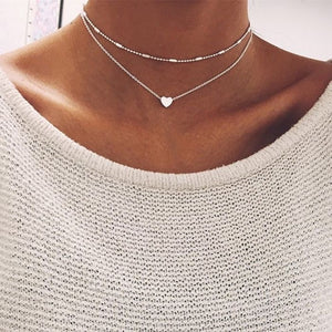 Two Piece Dainty Heart Charm .925 Silver Plated Fashion Choker Necklace - BELLADONNA